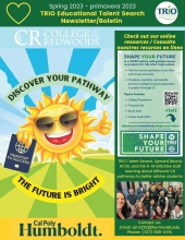 front cover of the Spring 2023 newsletter has a large smiling sun wearing sun glasses, floating over a field with green grass and blue skies. To the side is TRIO contact information, a staff photo and Cal Poly Humboldt / College of the Redwoods logos